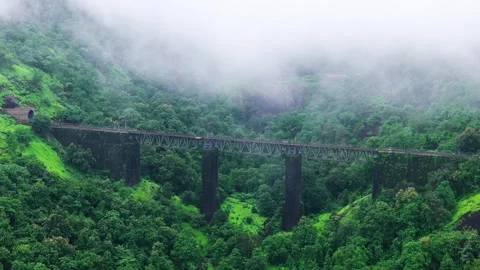 Aerial View of an Old Railway Bridge Hidden in a Lush Green Jungle in Monsoon Stock-Footage 342701936