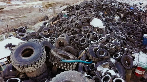 Aerial View Old Rubber, Tyres, in Recycling Factory Stock Footage 87147188