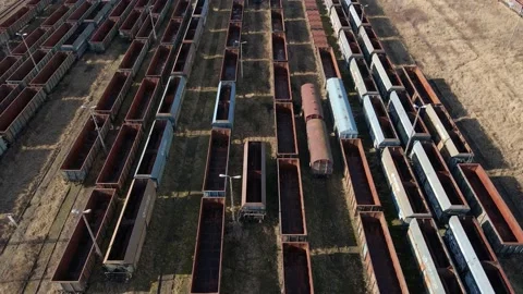 Aerial view of old rusted wagon trains Stock Footage 219745170