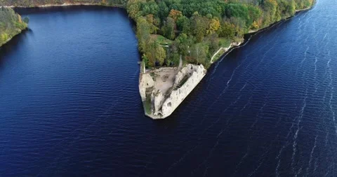 Aerial view of an old stone castle ruins in Koknese, Latvia. Located on a 動画素材 172102211