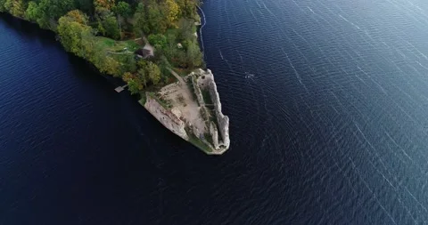 Aerial view of an old stone castle ruins in Koknese, Latvia. Located on a 動画素材 172102793