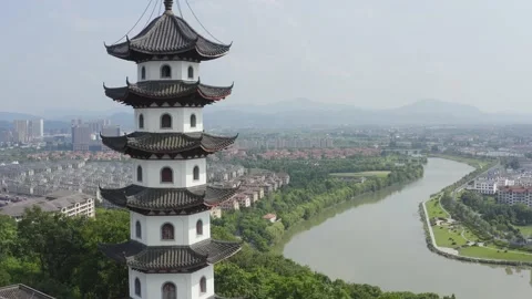 Aerial view of old tower on the hill in shaoxing zhuji xishi scenic spot Stock Footage 195793752