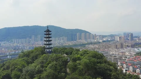 Aerial view of old tower on the hill in shaoxing zhuji xishi scenic spot Stock Footage 195794489