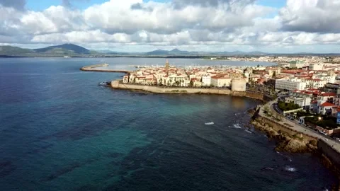 Aerial view of the old town of Alghero Stock Footage