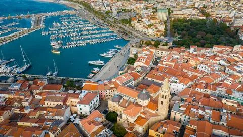 Aerial view of the old town of Alghero in Sardinia. Photo taken with a dron.. Stock Photos