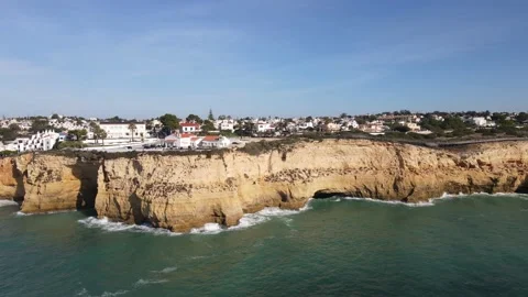 Aerial view of the old town and beach of Carvoeiro Stock Footage 167786738
