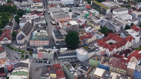 Aerial view of the old town and city Rosenheim in Bavaria Stock Footage 339780454