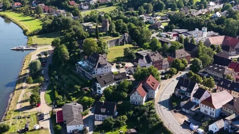 Aerial view of the old town and village Polle in Germany Stock Footage 340914237