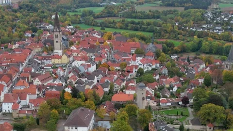 Aerial view of the old town and city Warburg in Germany Stock Footage 341708460
