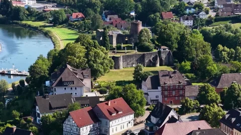 Aerial view of the old town and village Polle in Germany Stock Footage 341983177