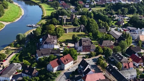 Aerial view of the old town and village Polle in Germany Stock Footage 341983272