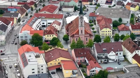 Aerial View Of The Old Town Around The City Plattling In Bavaria Stockbeeldmateriaal 339256592