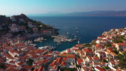 Aerial view of the old town on Hydra Island in Greece. Stock Footage