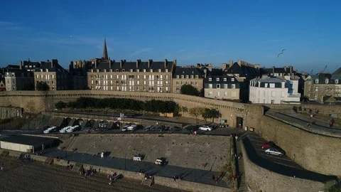 Aerial view. Old town in Saint Malo. Flight along fortress walls on the beach. Stock Footage 114802455