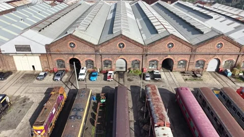 Aerial view of old train depot and railway workshop Vidéo 339304584