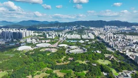 Aerial View of Olympic Park and Surrounding Cityscape in Songpa, Seoul Stock Footage 346470664