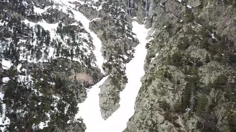 Aerial view of one of Huesca's waterfalls covered in snow Stock Footage 304237694