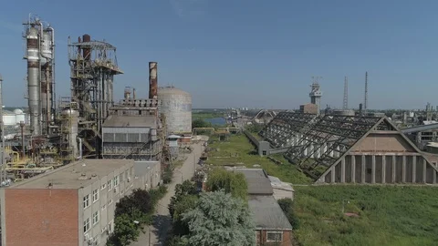 Aerial view of one old oil refinery and chemical plant Stock Footage 115422053