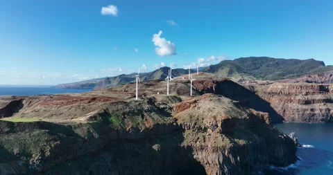 Aerial view of onta do Rosto wind mills and rock formation on Madeira island Stock Footage 167535046