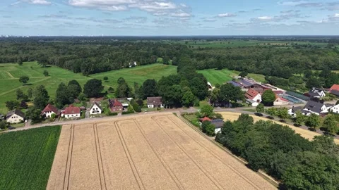 Aerial View of Open Green Meadow Rural Houses Fields and Forest near Bremen Stock Footage 340891265