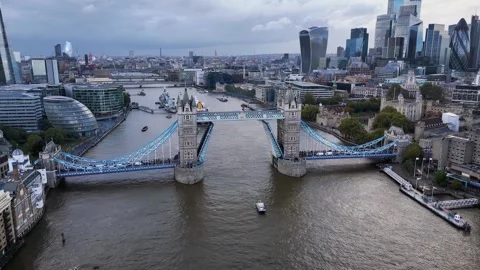 Aerial view of the open lifted Tower Bridge of London Video stock 310835941