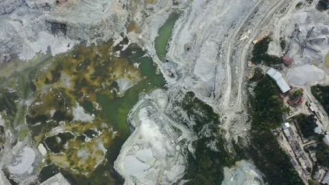 Aerial view of opencast mining quarry with lots of machinery at work - view from Stock Footage 113530968