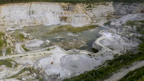 Aerial view of opencast mining quarry with lots of machinery at work - view from Stock Footage 113550088