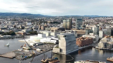 Aerial view on Opera house, Munch museum and Sorenga urban area in Oslo, Norway Stock Footage 116373003