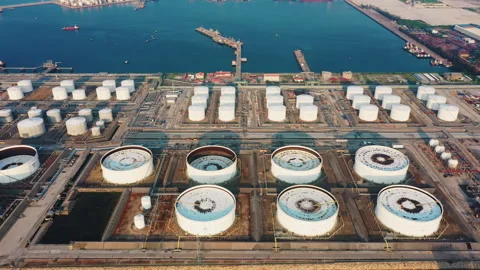Aerial view or top view oil terminal. Crude oil storage tanks (storage tank.. Stock Footage 314808204
