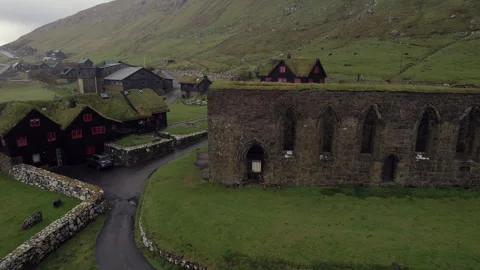 Aerial view in orbit over the ruins of the Magnus Cathedral Stock Footage 245620581