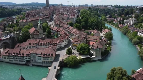 Aerial view orbiting famous old district in Berne, the capital of Switzerland Video stock 194798448