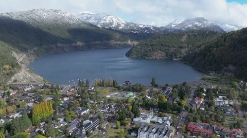 Aerial view orbiting over San Martin, stunning village located in Patagonia.. Stock Footage 282720333