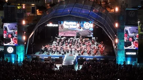 Aerial view of orchestra performing at Festas do Mar, Portugal. Stock Footage 345005552