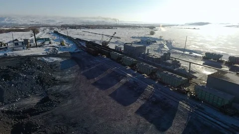 Aerial view of ore storage producing copper in winter. Large industrial area Stock Footage 75291599