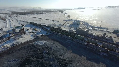 Aerial view of ore storage producing copper in winter. Large industrial area Stock Footage 75292376