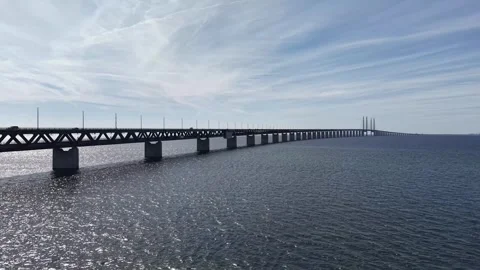 Aerial view of Oresund Bridge between Denmark and Sweden Stock Footage 336189317