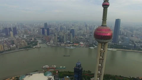 Aerial View of Oriental Pearl Tower and the Bund of ShanghaiB P5 Stock Footage 85609133
