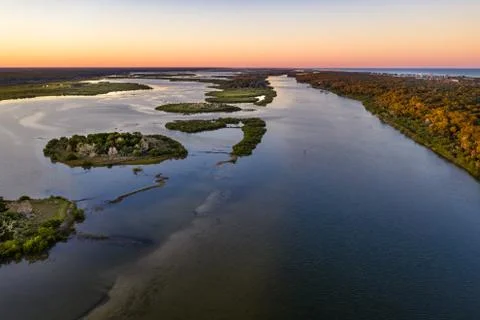Aerial view Ormond Beach Washington Park where river meets the sea Stock Photos
