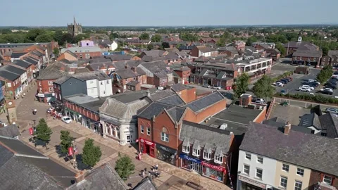 Aerial view of Ormskirk pedestrianised High Street, Lancashire, England Stock Footage 319572024