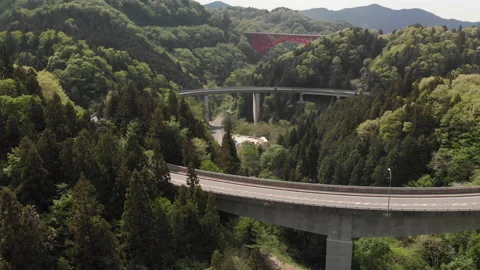 Aerial view of the Orochi Loop Bridge in Okuizumo town Stock Footage 201268248