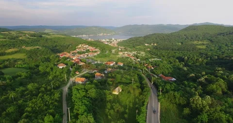 Aerial view of Orsova and Cerna river Romania 1 Stock Footage 142197858