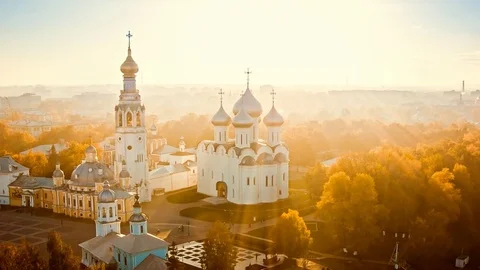 Aerial view of orthodox church in the old city Vologda in the russian north Stock Footage