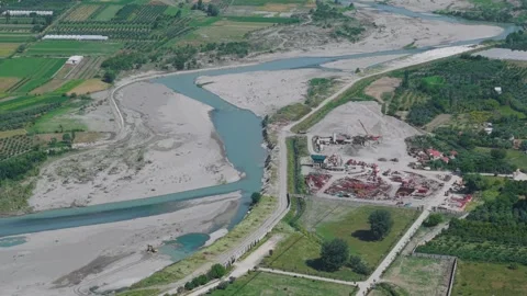 Aerial view of the Osum river and industrial site, Albania. Stock Footage 337173328
