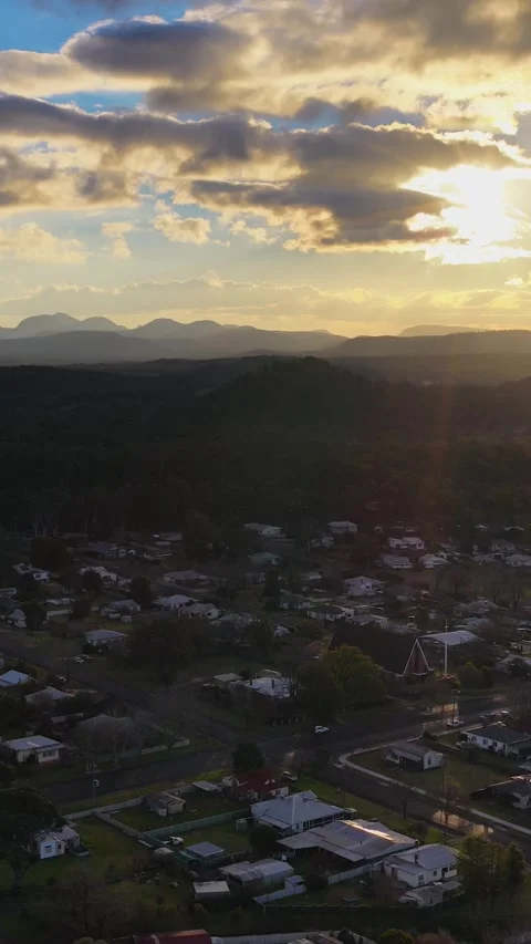 Aerial View of Outback Town at Sunset in Coonabarabran Australia Stock Footage 340254005