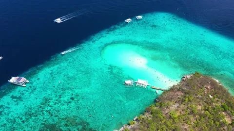 Aerial view of outrigger boats on sand bar as Sumilon Island Stock Footage 199041553