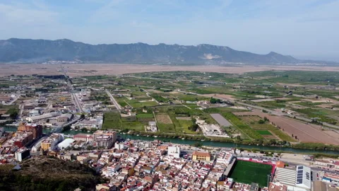 Aerial view of the outside of a small town in Spain. Stock Footage 258564114