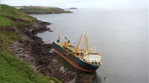 Aerial View Over Abandoned Ship, Ballycotton, Co. Cork, Ireland Stock Footage 219888011