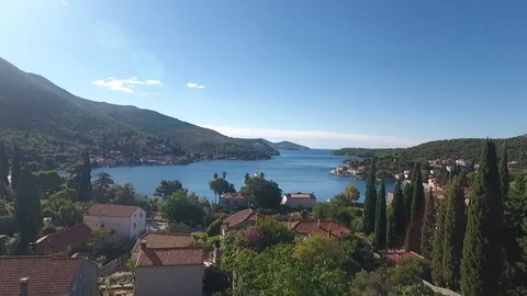 Aerial view over the Adriatic sea and Zaton Bay in Croatia Stock Footage