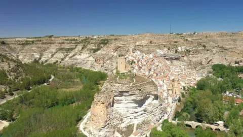 Aerial View over Alcala Del Jucar village, Albacete, Spain Stock Footage 239237682