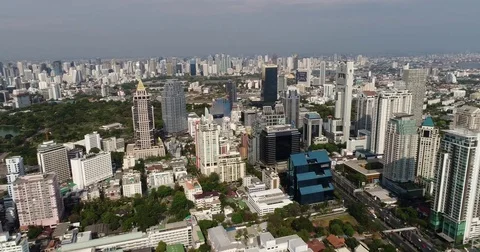Aerial view over the Banyan Tree hotel, central Bangkok, mid day. Stock Footage 84367776